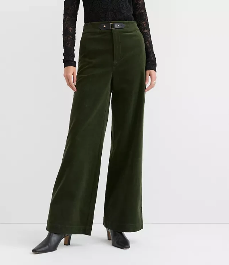 Faux Leather Buckle Wide Leg Corduroy Pants