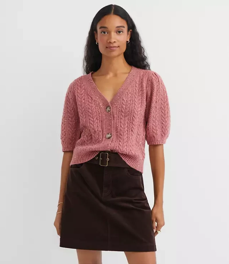 Flecked Stitchy Puff Sleeve Cardigan