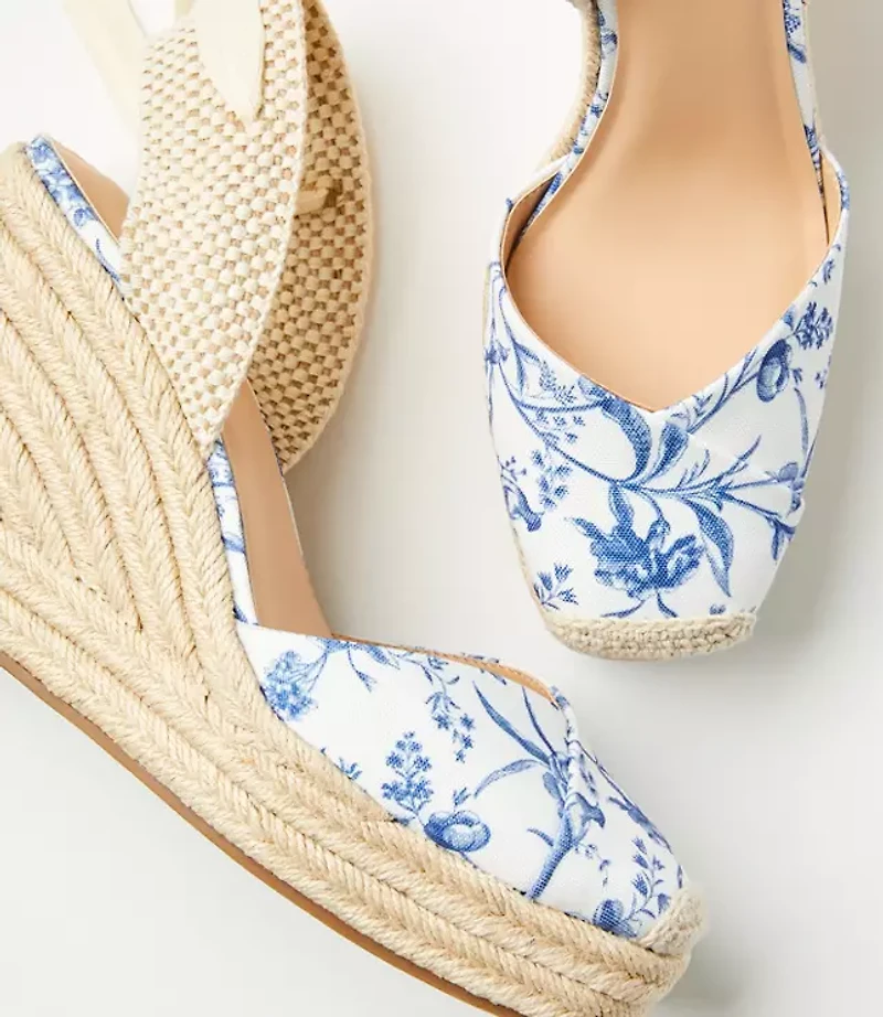 Bird Toile Lace Up Espadrille Wedges