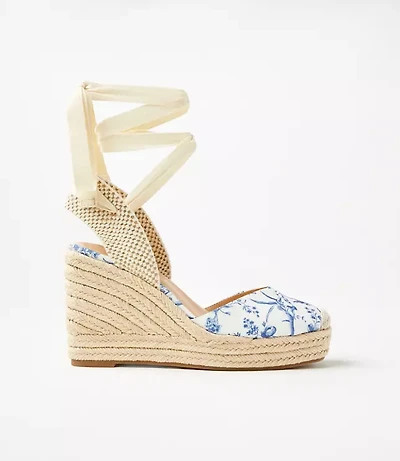 Bird Toile Lace Up Espadrille Wedges