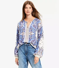 Bandana Print Split Neck Balloon Sleeve Blouse