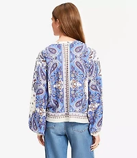 Bandana Print Split Neck Balloon Sleeve Blouse