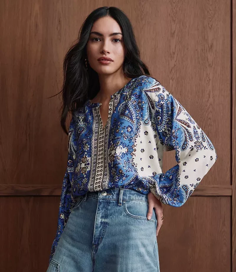 Bandana Print Split Neck Balloon Sleeve Blouse