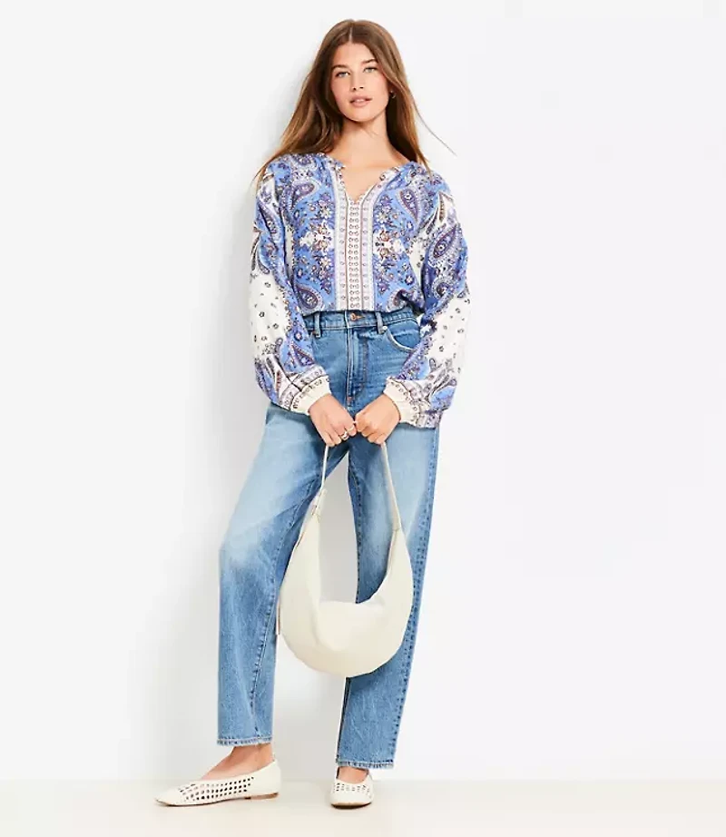 Bandana Print Split Neck Balloon Sleeve Blouse