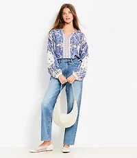 Bandana Print Split Neck Balloon Sleeve Blouse