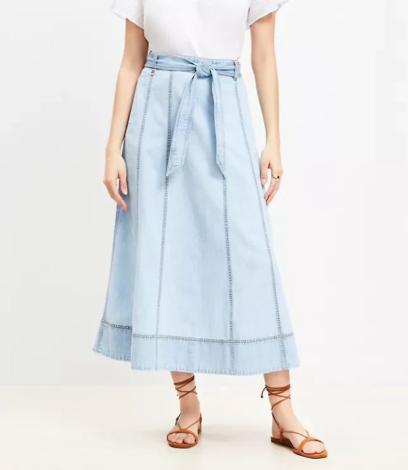Petite Chambray Belted Midi Pocket Skirt