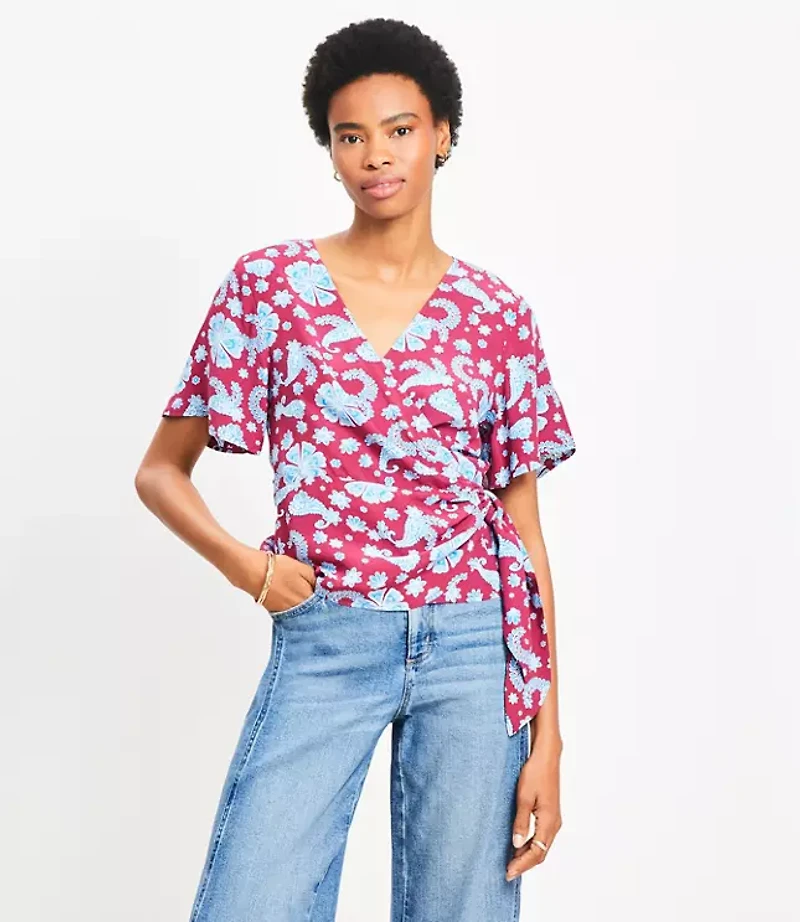 Floral Flutter Sleeve Wrap Blouse