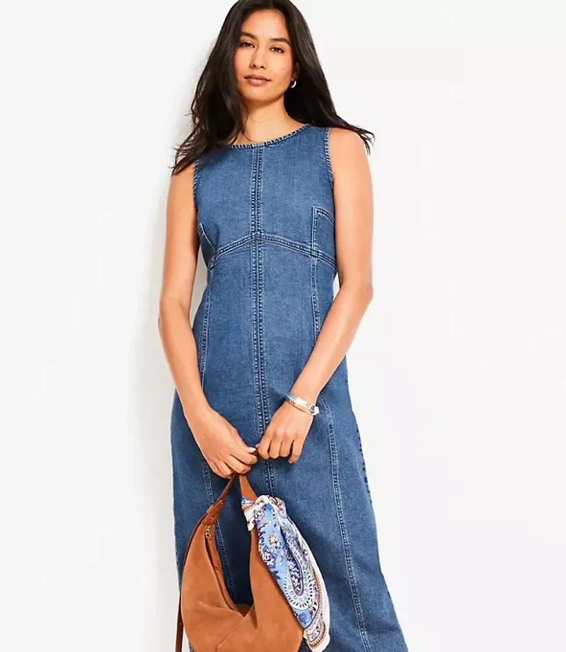 Petite Seamed Denim Midi Dress in Classic Mid Wash