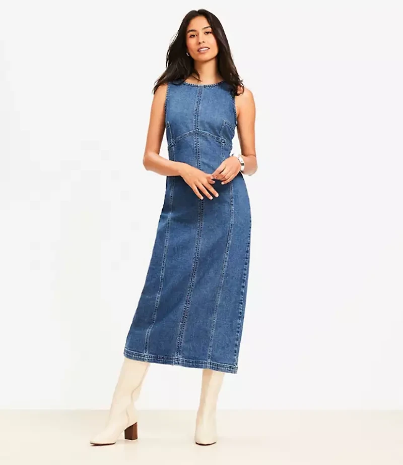 Petite Seamed Denim Midi Dress in Classic Mid Wash
