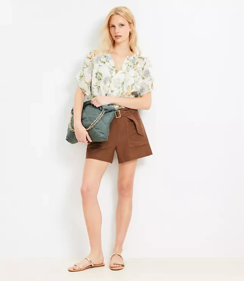 Petite Belted Patch Pocket Shorts in Linen Blend