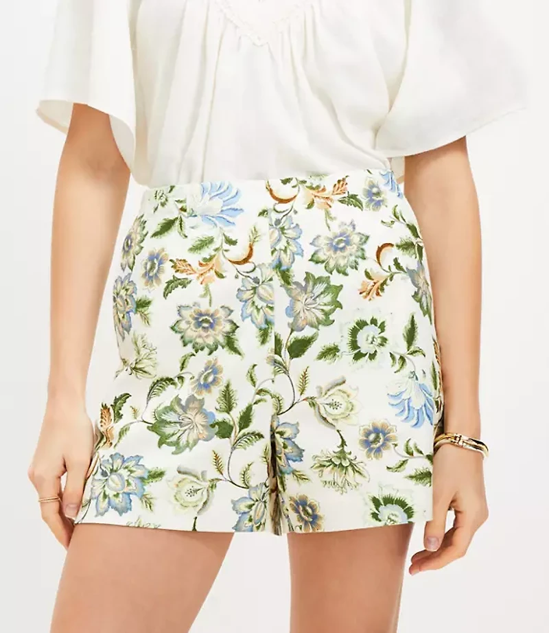 Petite Floral Darted Side Zip Shorts in Cotton Linen