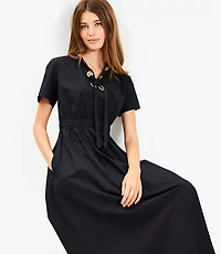 Petite Poplin Lace Up Midi Pocket Dress