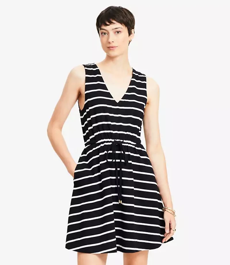 Petite Striped Drawstring Mini Pocket Dress