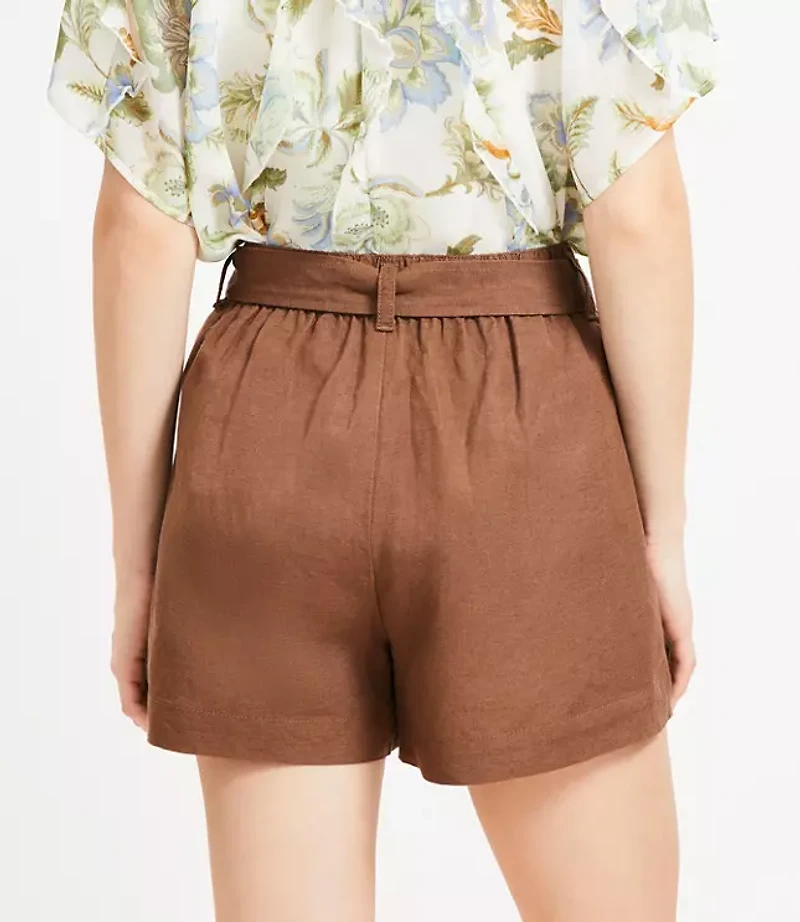 Belted Patch Pocket Shorts Linen Blend