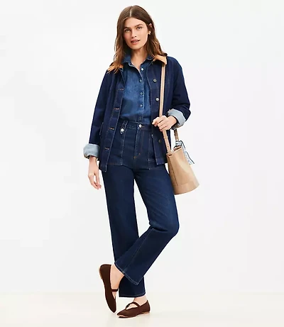 Petite High Rise Straight Utility Jeans Mid Indigo Wash