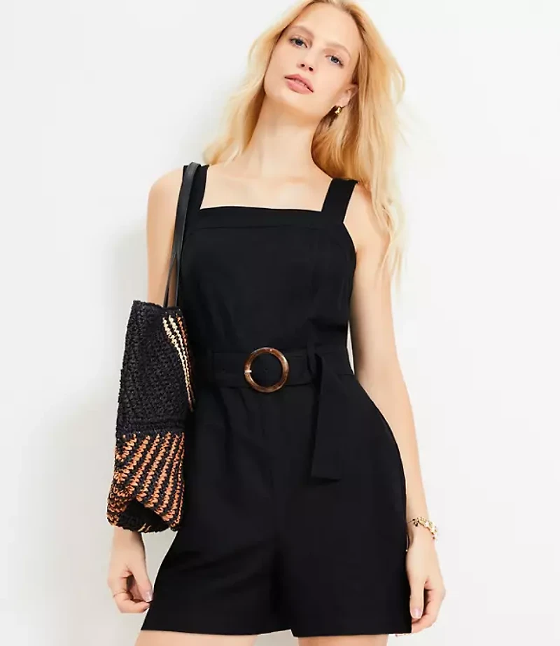 Belted Linen Blend Strappy Romper