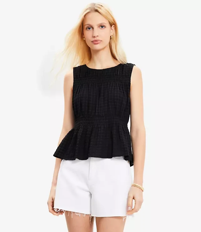 Petite Plaid Smocked Peplum Top