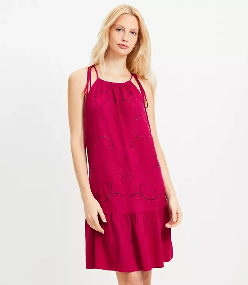 Petite Eyelet Linen Blend Mini Halter Dress