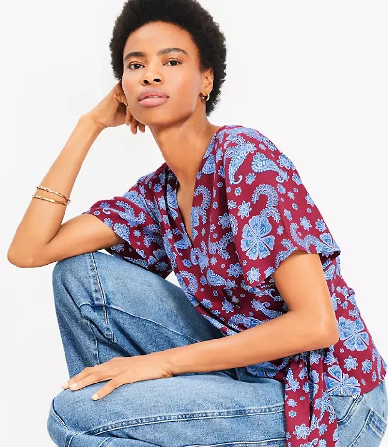 Petite Tiled Flutter Sleeve Wrap Blouse