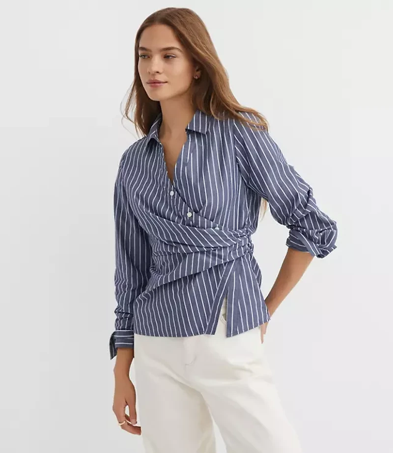 Petite Stripe Side Shirred Poplin Shirt