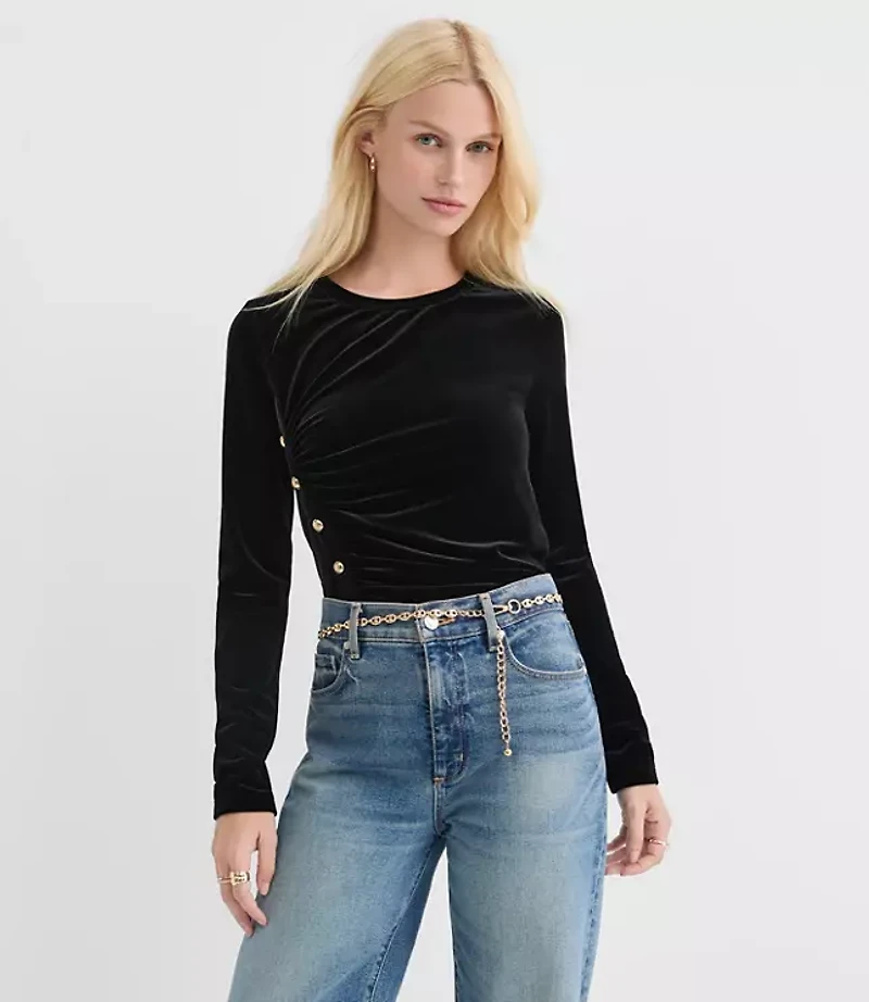 Velvet Ruched Button Top