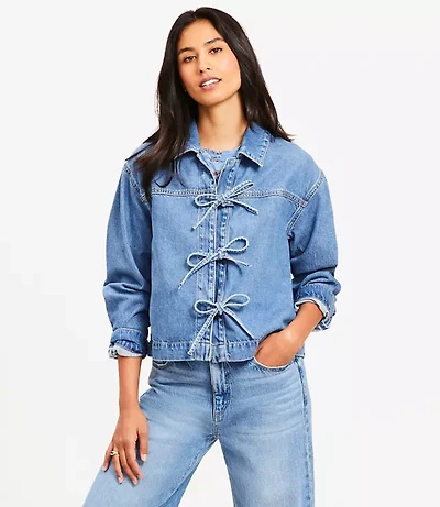 Petite Denim Bow Top in Bright Mid Indigo Wash