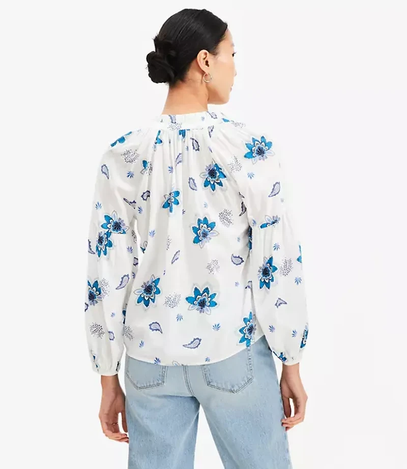 Petite Paisley Ruffle Neck Poet Blouse