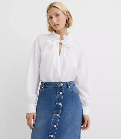 Poplin Ruffle Neck Bow Blouse