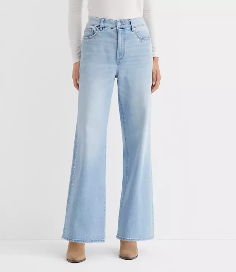 Petite Studded High Rise Wide Leg Jeans Mid Vintage Wash