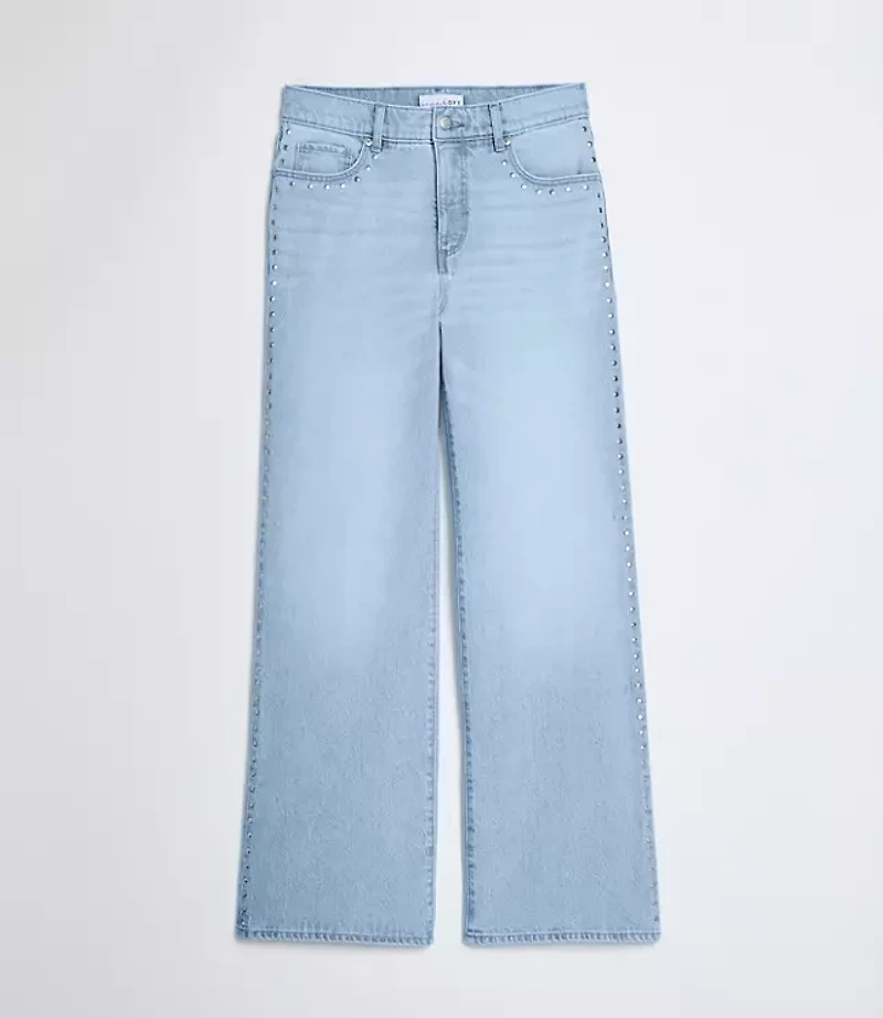 Petite Studded High Rise Wide Leg Jeans Mid Vintage Wash