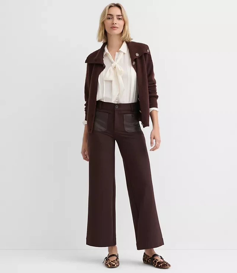 Faux Leather Pocket Palmer Wide Leg Pants Ponte