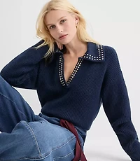 Studded Ribbed Collared Split Neck Sweater