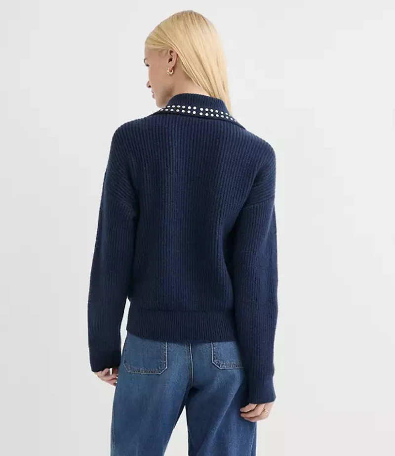 Studded Ribbed Collared Split Neck Sweater