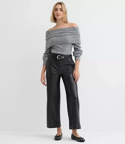 Petite Wide Leg Pants Faux Leather