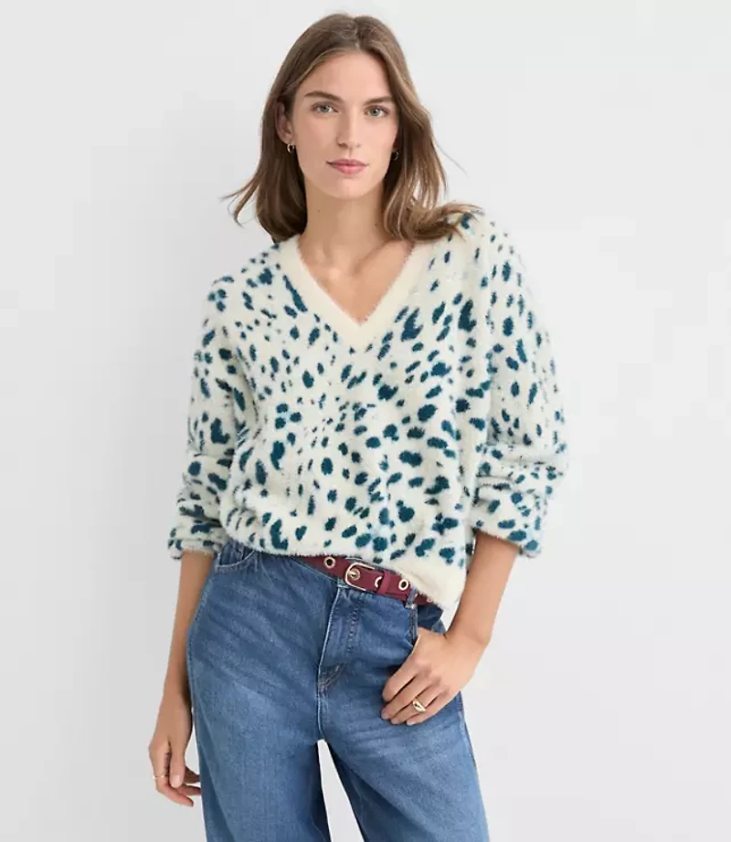 Spotted Ribtrim Relaxed V-Neck Sweater
