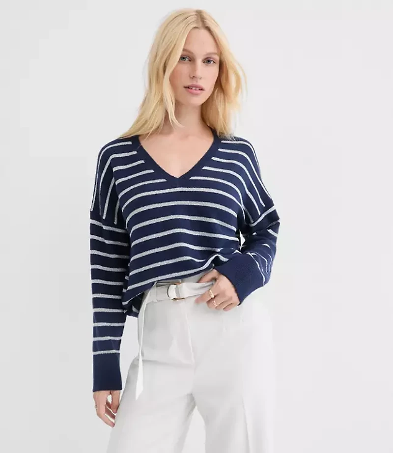 Shimmer Stripe V-Neck Relaxed Everyday Sweater
