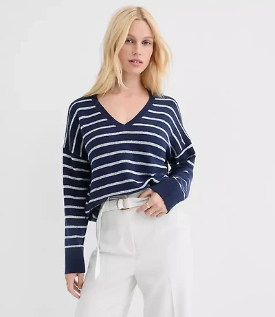 Shimmer Stripe V-Neck Relaxed Everyday Sweater