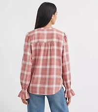 Petite Plaid Pleated Henley Blouse