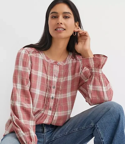 Petite Plaid Pleated Henley Blouse