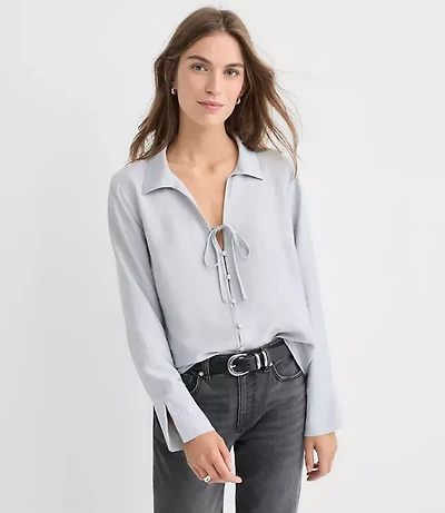 Slit Cuff Tie Neck Blouse