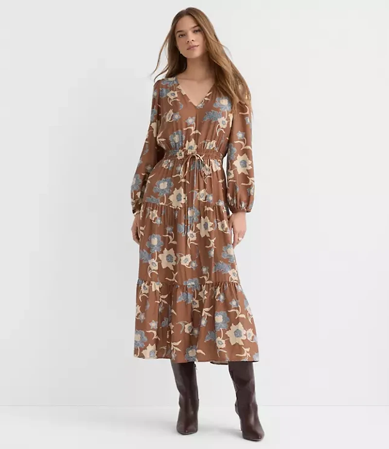 Floral Smocked Tie Waist Midi Dress