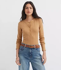 Petite Scalloped Pointelle Henley Top