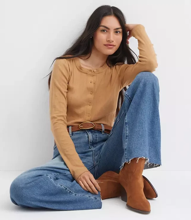 Petite Scalloped Pointelle Henley Top