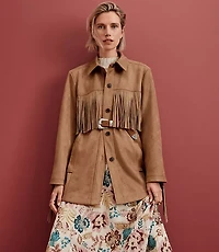 Petite Fringe Faux Suede Shirt Jacket