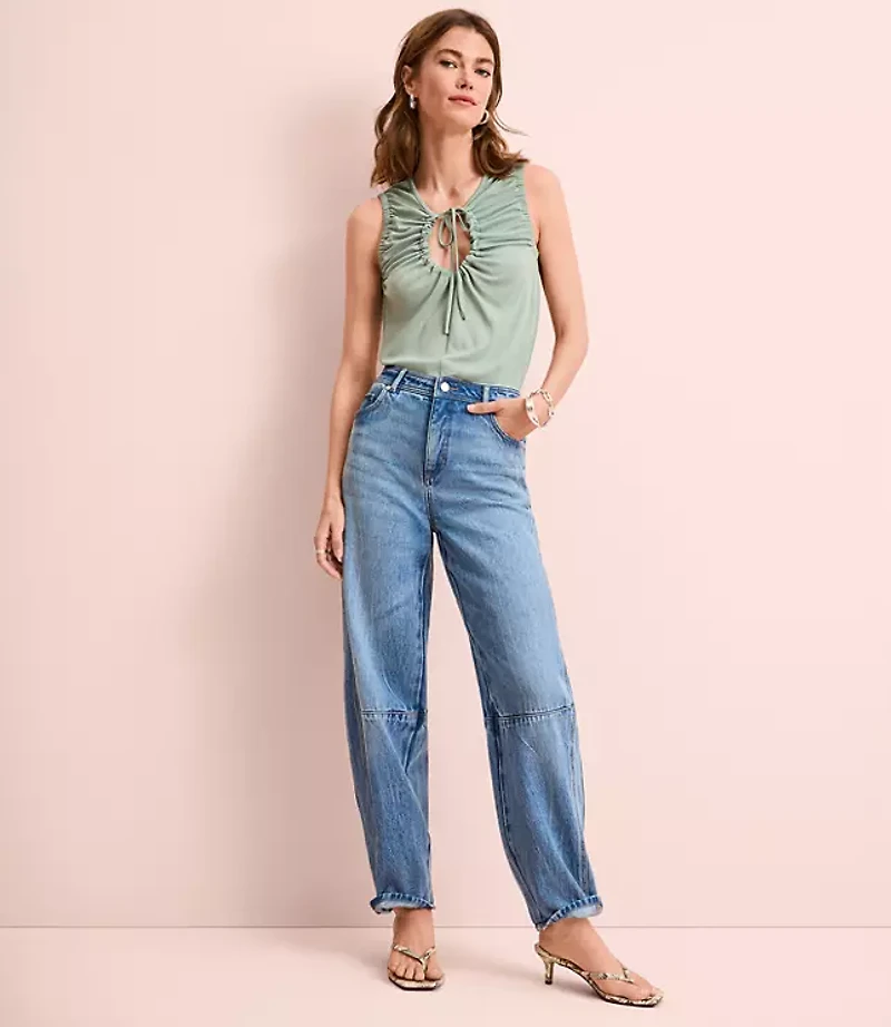 Petite Seamed High Rise Barrel Jeans Vintage Distressed Wash