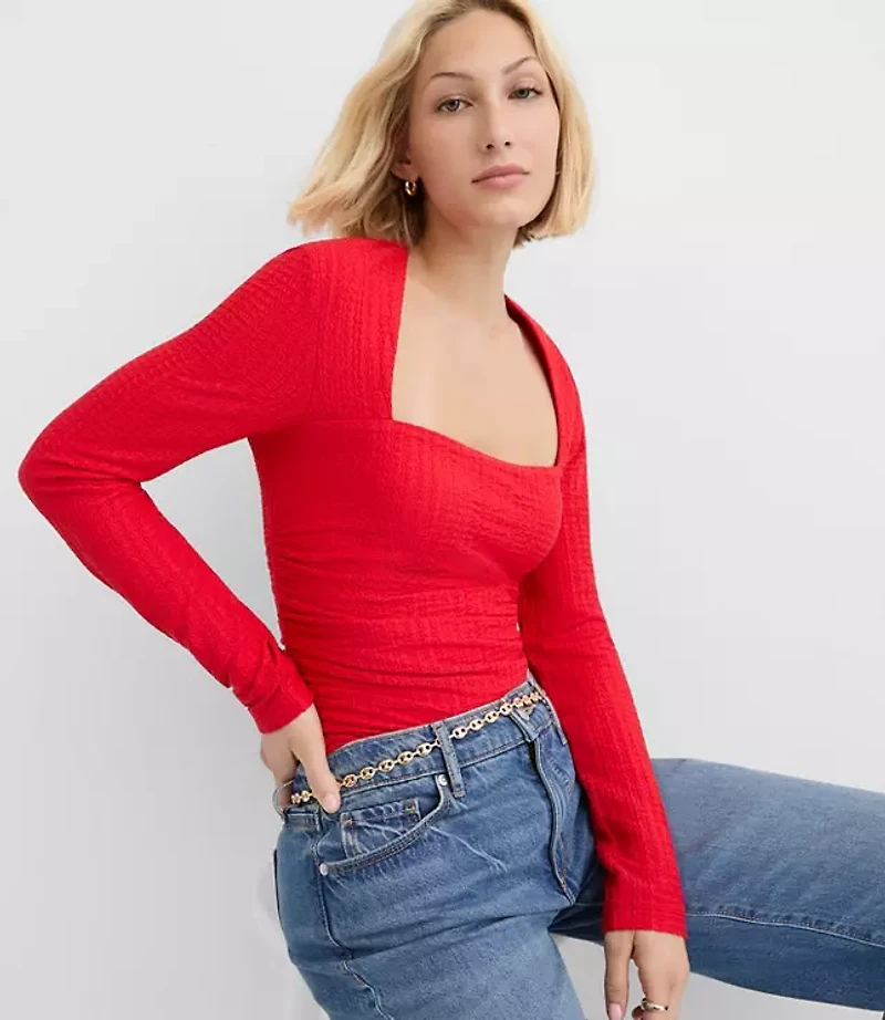 Textured Ruched Square Neck Top