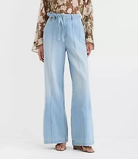 Tie Waist High Rise Palazzo Jeans Light Wash