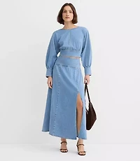 Yoke Full Denim Maxi Skirt Light Wash Indigo