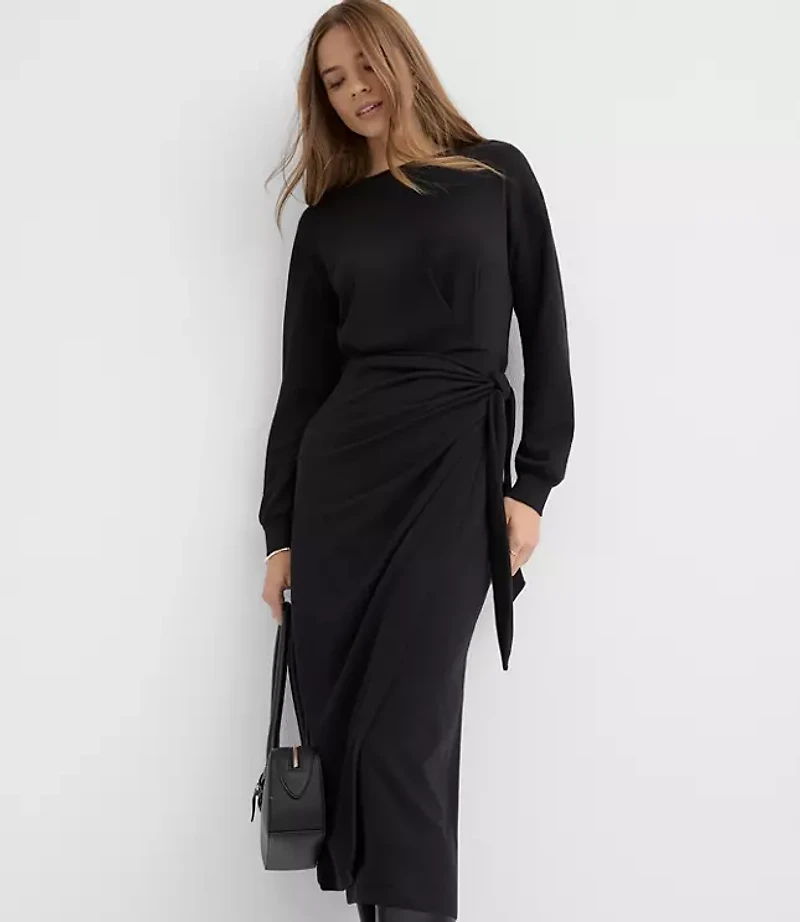 Terry Side Pleated Midi Wrap Dress
