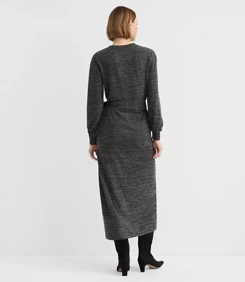 Sweater Knit Side Pleated Midi Wrap Dress